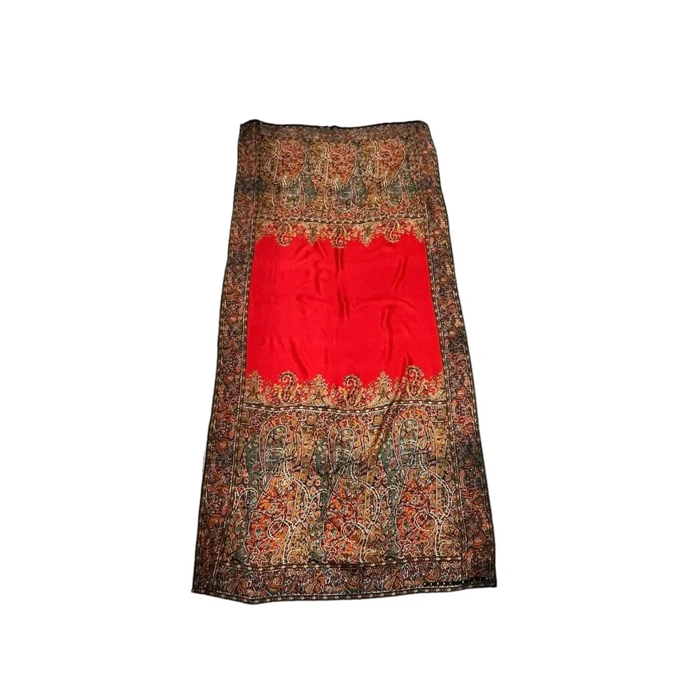 PERRY ELLIS RED, BLACK & GREEN TAPESTRY DESIGN 100% SILK SCARF